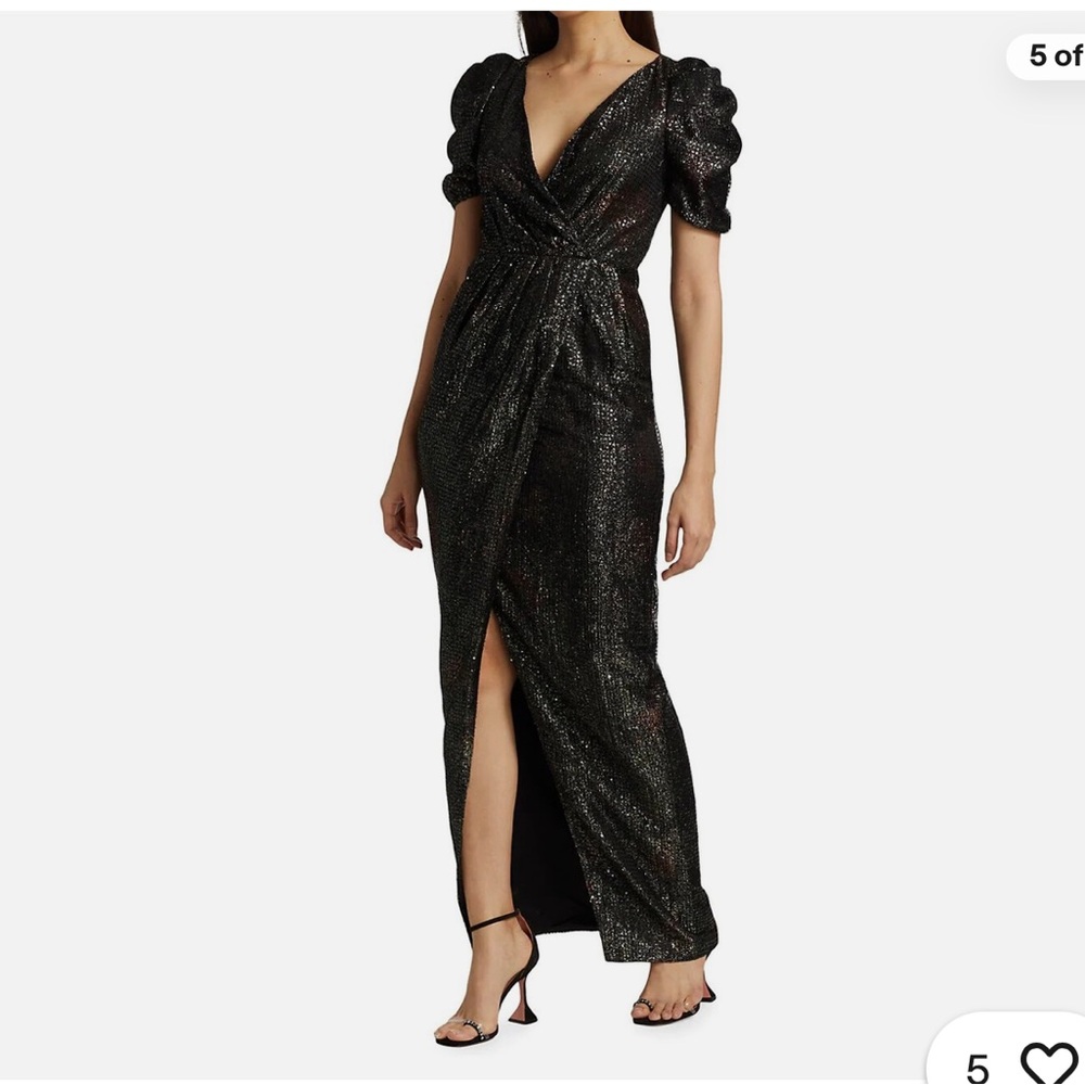 Monique Lhuillier Sequin Puff Sleeve Gown- Elegant Black Evening Dress